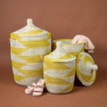 Yellow White Decorative Wicker Basket Set, 3pcs - Organize Bedroom, Living Room, Nursery - Laundry Hamper, Toy Bin, Blanket Storage - Decorative, Boho Style - Wicker, Woven, Lid, Handles