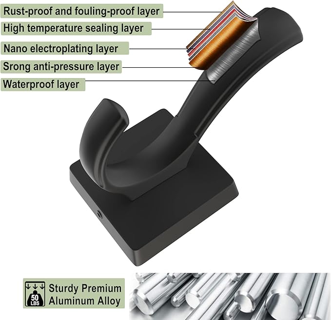 Black Towel Hooks Coat Hook, Towels Robe Holder for Bathroom Hat Hooks for Wall Hanging Key Bag Backpack (5 Pack, Black)