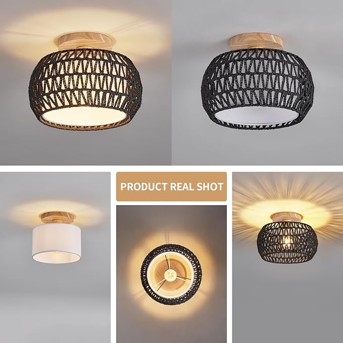 Boho Rattan Ceiling Light Fixture - 3 Style Options Wicker Semi Flush Mount Ceiling Lights,Black Bohemian Woven Basket Chandelier,Coastal Light Fixtures for Hallway Bedroom Nursery Playroom Laundry