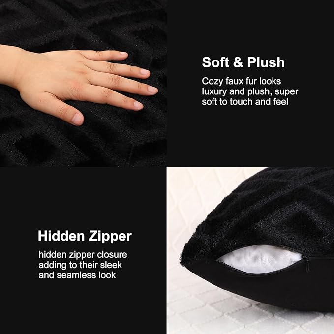 Pallene Black Throw Pillow Covers 18x18 Set of 2, Soft Plush Faux Fur Decorative Couch Pillow Covers for Sofa Bed Living Room Pillow Cases with 3D Diamond Pattern