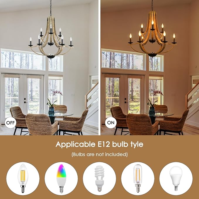 Farmhouse Chandeliers for Dining Room Light Fixture, 9-Light 31" Adjustable Height Retro Faux Wood Texture Rustic Light Fixtures for Living Room Bedroom Kitchen Island Foyer Entryway