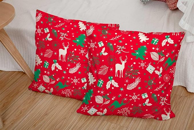 CAPSCEOLL 2PCS Red Pillow Cover 20X20Inch Green Christmas Reindeer Branch Cute Deer Floral Foliage Pine Tree Snowflake Standard Pillow Covers for Bedroom Sofa Living Room