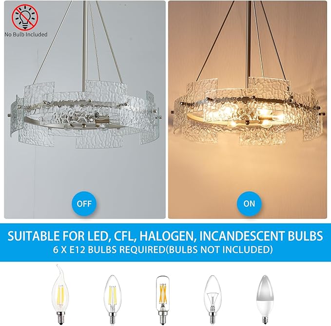 XINGQI Modern Farmhouse Chandelier 6-Light Silver Glass Drum Chandeliers 19.7" Height Adjustable Water Ripple Rustic Pendant Lighting Fixture for Dining Room Living Room Kitchen Island