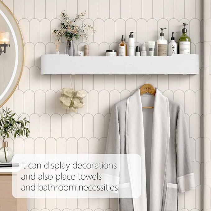Coat Rack Wall Mount with Hidden Hooks Entryway Hanging Shelf Modern Wood Coat Hanger for Bedroom Kitchen Hallway Bathroom (White,32.7 Inch Long)