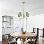 Chandelier, Gold with Muted Green Linen Fabric Shade, Farmhouse Linear Island Lighting Fixture for Kitchen, Dining Room
