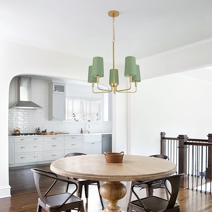 Chandelier, Gold with Muted Green Linen Fabric Shade, Farmhouse Linear Island Lighting Fixture for Kitchen, Dining Room