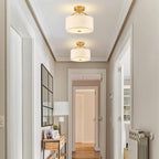 Gold Semi Flush Mount Ceiling Light Fixture 3-Light Drum Light Fixture with White Fabric Cover Shade 12.2" Modern Round Chandelier for Bedroom Foyer Hallway Living Room Kitchen Dining Room