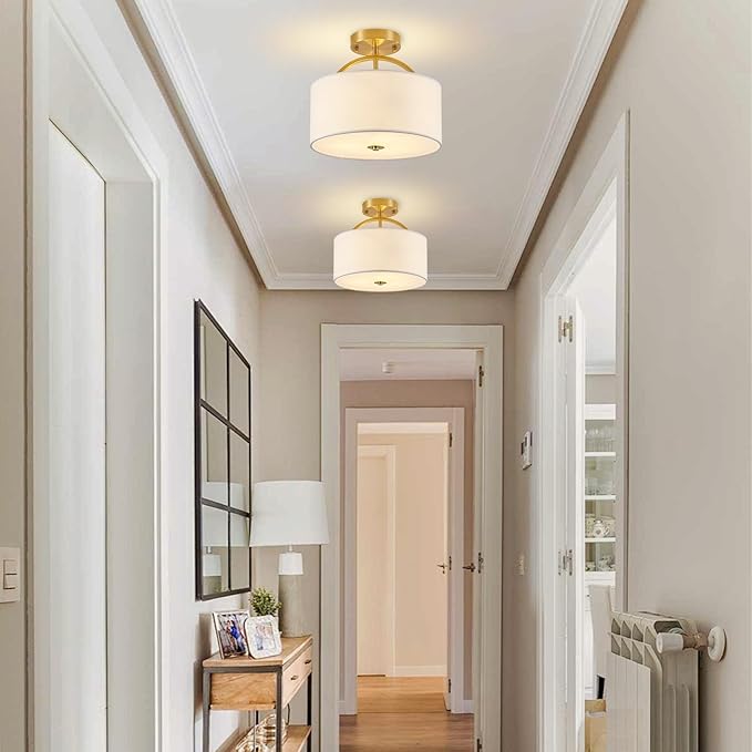 Gold Semi Flush Mount Ceiling Light Fixture 3-Light Drum Light Fixture with White Fabric Cover Shade 12.2" Modern Round Chandelier for Bedroom Foyer Hallway Living Room Kitchen Dining Room