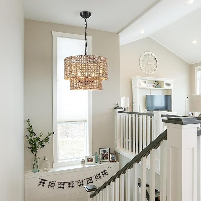 18.9" Rattan Farmhouse Chandelier 5-Light Large Boho Wicker Pendant Light Fixtures Hanging Coastal Drum Lighting Hand 2 Tier Woven Chandeliers for Living Room Dining Room Kitchen Island Foyer Entryway