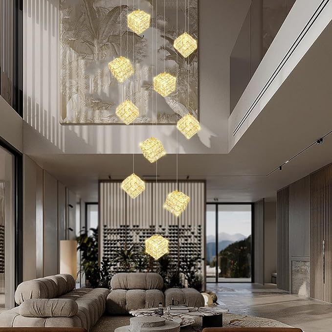 10-Lights LED Staircase Chandelier Modern Foyer Crystal Chandeliers Large Gold Chandelier for High Ceilings,Crystal Pendant Light for Living Room Stairwell Dining Room Entryway