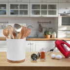 QUELIEN 360° Rotating Kitchen Utensil Holder for Countertop, Large Ceramic Utensil Crock Organizer with Non-Scratch Cork Base, Farmhouse White Cookware Storage Jar, Ideal Housewarming Gift
