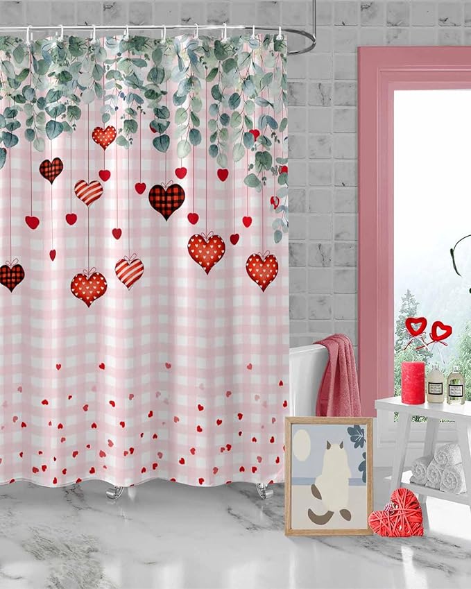 Eucalyptus Love Hearts Valentine's Day Shower Curtain, Pink Buffalo Plaid Shower Curtains Set with Hooks, Waterproof Fabric Bathroom Curtains Decor Home Accessories, Stall Long 36 X 78 Inch