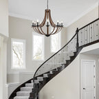 Rustic Chandeliers for Dining Room Light Fixture, 10-Light 35" Adjustable Height Retro Faux Wood Texture Farmhouse Light Fixtures for Living Room Bedroom Foyer Entryway