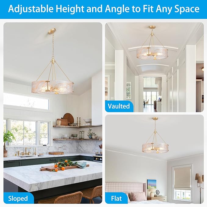 XINGQI 4-Light Modern Gold Glass Chandelier Round Water Ripple Pendant Lighting Fixture for Dining Room Living Room Kitchen Island Office Elegant French Chandeliers