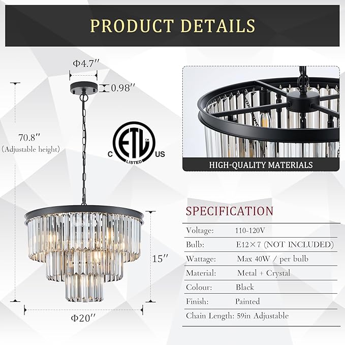 Modern Smoke Gray Crystal Chandeliers, Black 20” Round Chandelier 3 Tiers 7 Lights Luxury K9 Crystal Ceiling Pendant Light Fixture for Dining Room Foyer Bedroom Closet