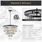 Modern Smoke Gray Crystal Chandeliers, Black 20” Round Chandelier 3 Tiers 7 Lights Luxury K9 Crystal Ceiling Pendant Light Fixture for Dining Room Foyer Bedroom Closet