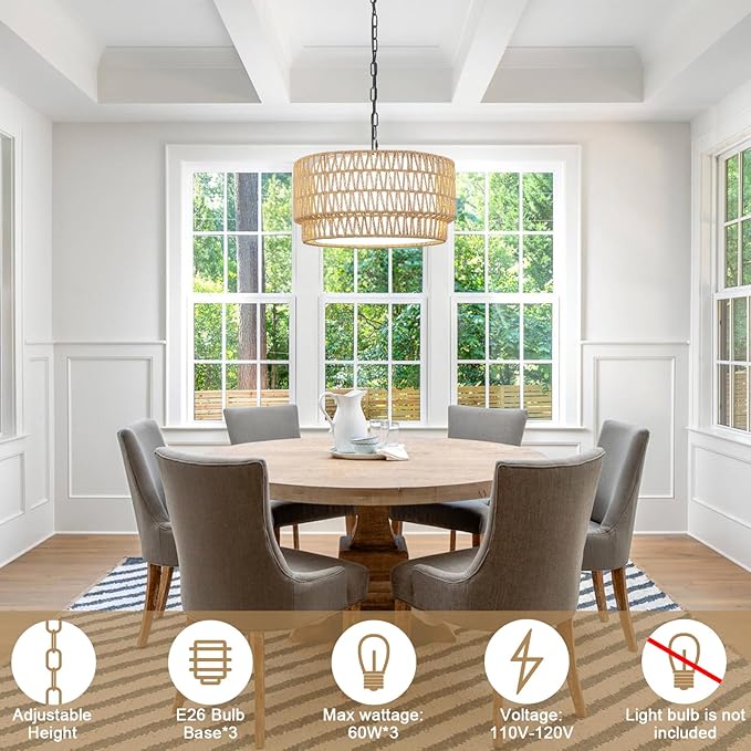 Rattan Pendant Light Fixtures, 3-Light Chandeliers for Dining Room,2-Tier Boho Woven 18” Modern Hanging Drum Lighting with Fabric Shade for Living Room Kitchen Island Entryway Hallway