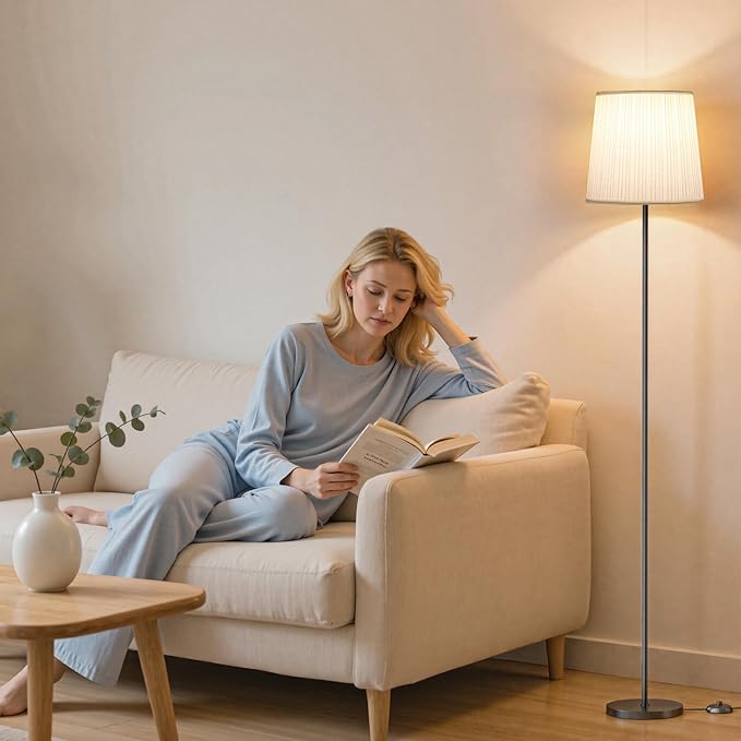 Floor Lamp with Pleated Shade - 3 Color Temps LED Standing Lamp with Foot Switch, 9W E26 Bulb Included, 62" Floor Reading Light for Living Room Bedroom Office Corner Dorm Kids, Black