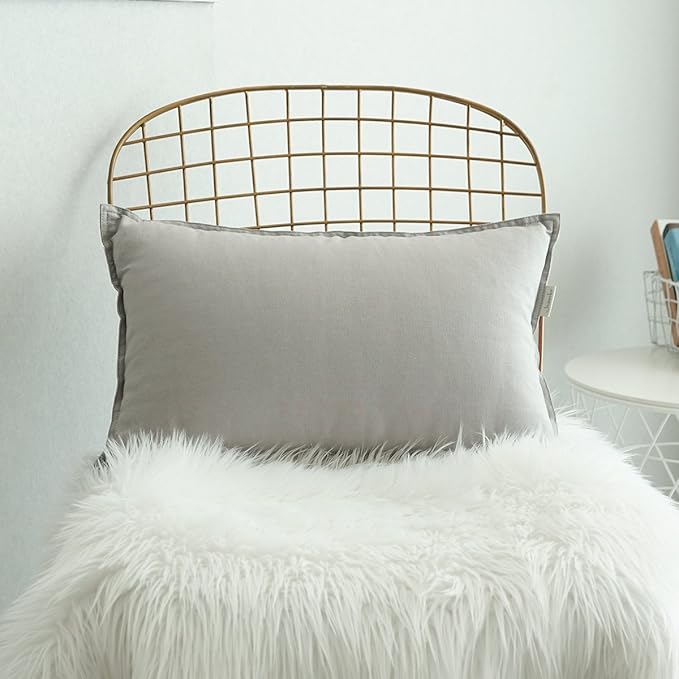 Jeanerlor Cotton Linen Square Decorative Throw Pillow Case Cushion Cover with Twin Needles Stitch on Edge, 12"x20"(30 x 50cm), 2 Pcs, Silver Grey