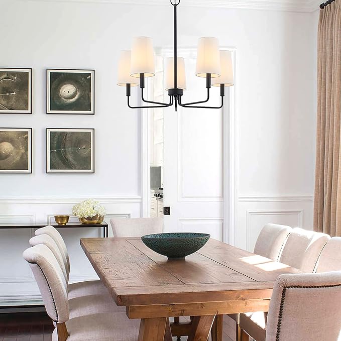 Chandelier, Matte Black with White Fabric Shade, Farmhouse Linear Island Lighting Fixture for Kitchen, Dining Room (5-Light Matte Black with Fabric Shades)