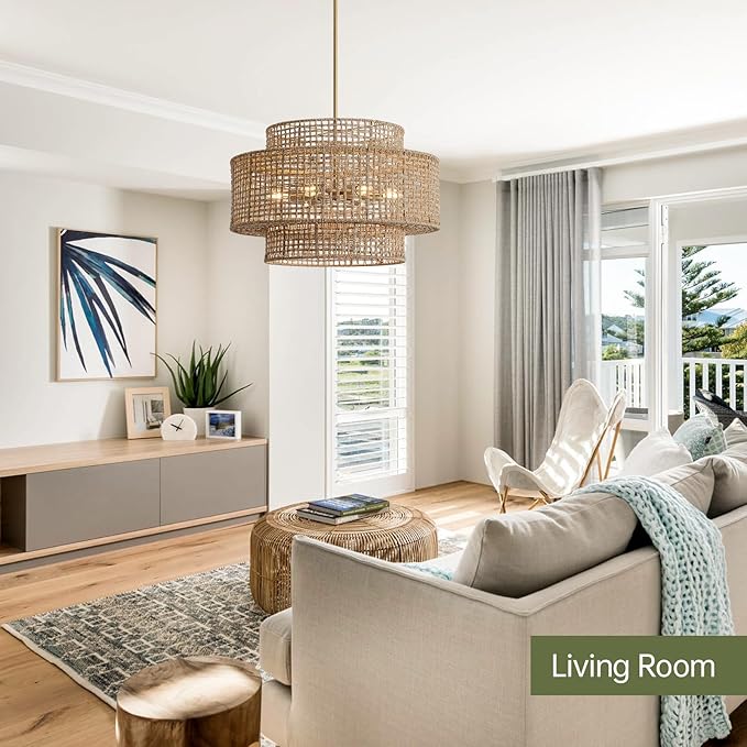 24” Rattan Chandelier for Dining Room, Large Boho 6-Light Rustic Chandeliers Light Fixture with Wicker Shade, Hand Woven Farmhouse Pendant Lighting for Kitchen Bedroom, Living Room, Foyer