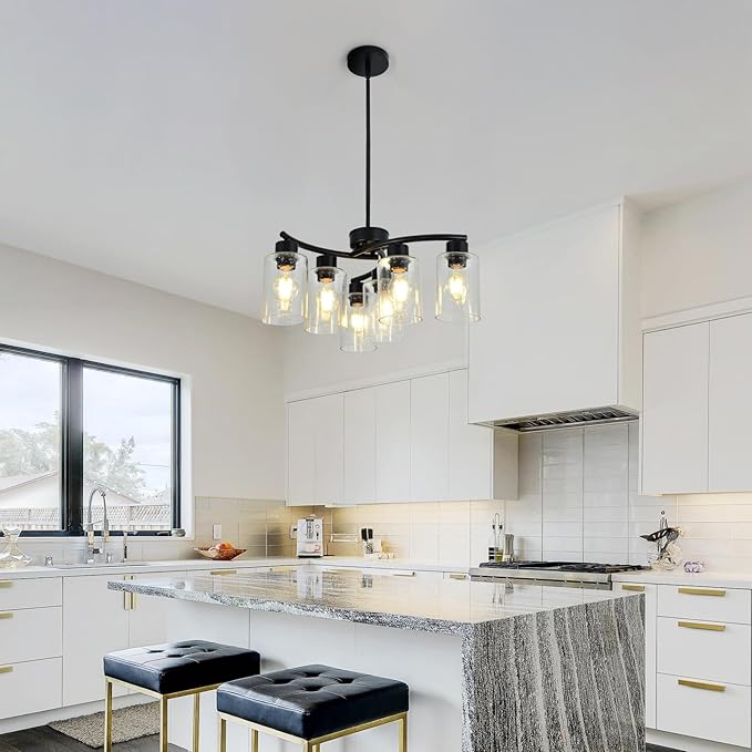 6-Light Modern Chandelier Black Chandeliers for Dining Room Seeded Glass Pendant Lights for Kitchen Island Living Room Foyer Bedroom E26 Base
