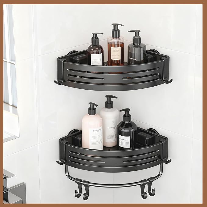 Rustproof Aluminum Corner Shower Caddy, Press-to-Install Triangle Shelf with Hooks, Suction Bathroom Shower Organizer & Shampoo Holder for Inside - Must-Have Bathroom Storage Rack