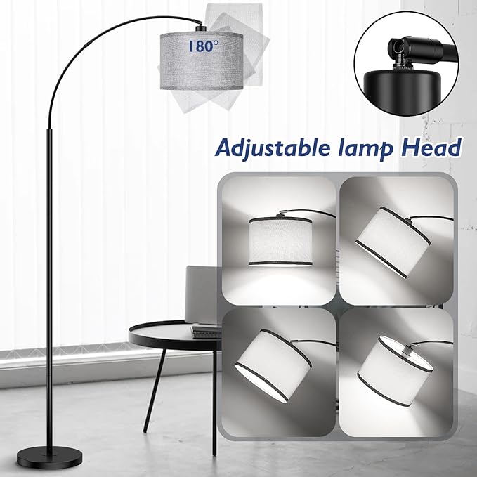 Arc Floor Lamps for Living Room, Modern Remote Control Standing Lamp with Stepless Dimmable, Black Tall Lamp with Gary Drum Shade, Over Couch Arched Reading Light for Bedroom, Office(Bulb Included)