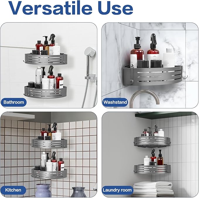 Corner Shower Caddy - 2 Pack Adhesive Shower Caddy Shelf Organizer Corner with Hooks, Rustproof Stainless Steel Bath Organizers Shower Shelf No Drilling Shelves for Bathroom Storage, Grey