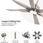 78 Inch Ceiling Fan with Lights and Remote Control, 6 Reversible ABS Blades, 6-Speed Noiseless DC Motor with 4.5" / 12" / 24" Downrods for Bedroom Dining Living Room, Antique Nickel and Gray