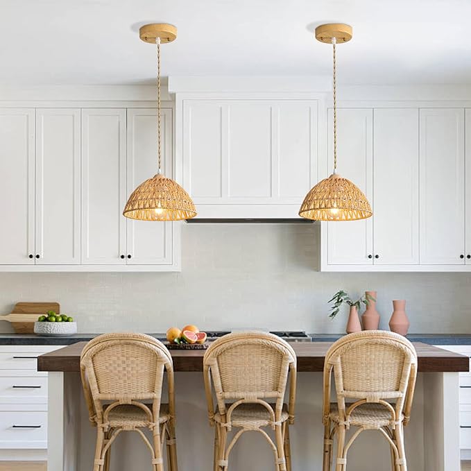 Farmhouse Wicker Pendant Light, 2-Light Boho Rattan Chandelier Light Fixture, Ceiling Hanging with Woven Lampshade, for Kitchen Bedroom Island Hallway, ETL Listed
