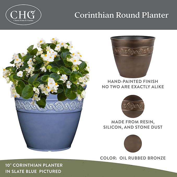Classic Home and Garden Corinthian Resin Planter Pot - Outdoor & Indoor Plant Pot - Round Planter for Plants & Flowers (13" Oil Rubbed Bronze, Pack of 1)