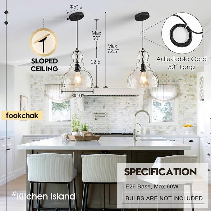 Hammered Glass Pendant Light for Kitchen Island Black Pendant Hanging Light 10inch Large Glass Pendant Lights for Kitchen Sink Dining Room Hallway Entrance, 10in, E26