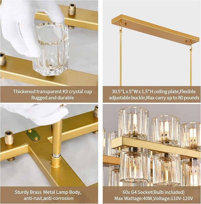 Crystal Gold Rectangular Chandelier for Dining Room,54in Dining Chandeliers Over Table,Modern Chandelier for Dining Room,Arcachon Chandelier Kitchen Island Chandeliers,Includes 60XG4 Bulbs