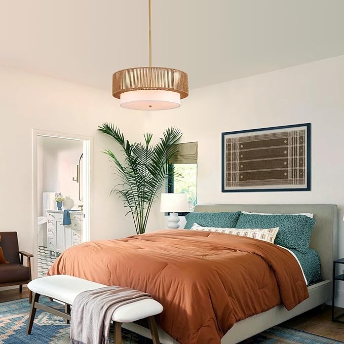 19" Bamboo Rattan Chandelier Hand-Woven Hanging Light Fixture Golden Drum Chandelier with Fabric Shade Vintage Farmhouse Bamboo Wicker Light Fixtures for Dining Room, Kitchen, Living Room