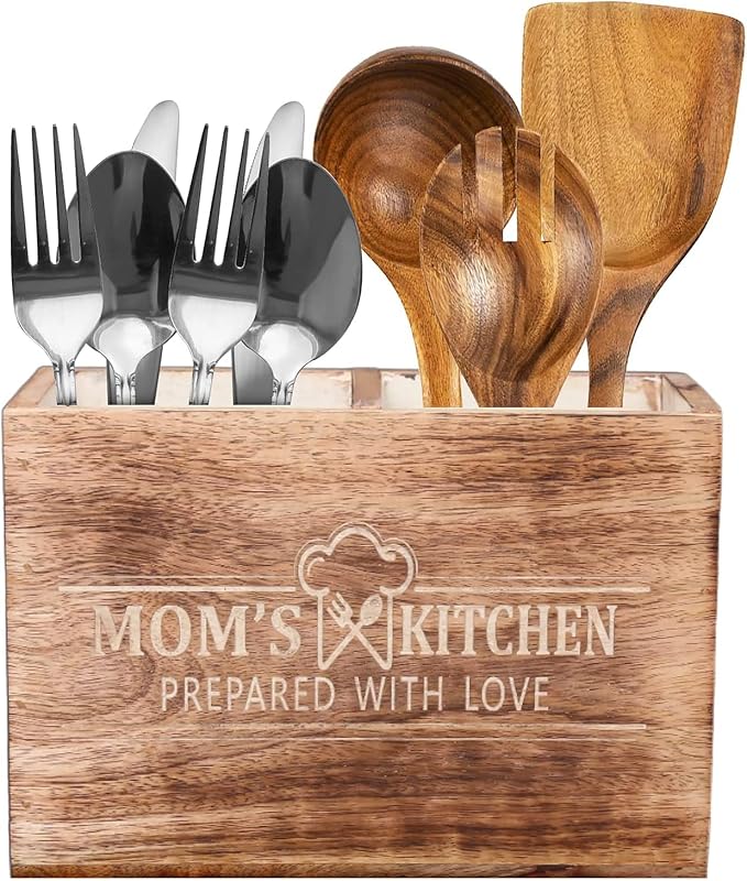 Wooden Utensil Holder For Countertop - Durable Cooking Utensils Holder - large Rustic Countertop Kitchen Décor - Spatula Utensils And Spoons Organizer With Divider