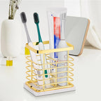 HarJue Toothbrush Holder, Luxurious Metal Toothbrush Toothpaste Holder with Marble Base for Bathroom, Multi-Slots Openwork Design, Bathroom Accessory for Storage and Organizer (Small, Gold)