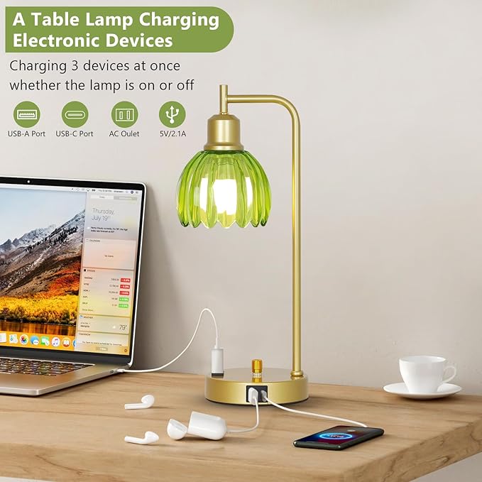 Vintage Table Lamp with USB Port and Outlet Set of 2, Green Glass Bedside Table Lamp For Bedroom, Retro Desk Lamps For Home Office, Mid Century Modern Small Night Stand Lamps, Gold Rustic Desk Light