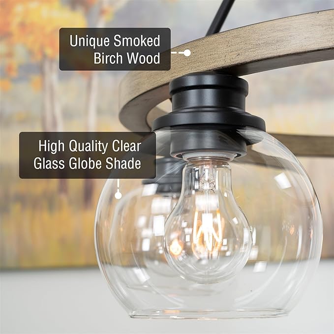 Kira Home Elwood 25" 5-Light Industrial Rustic Farmhouse Wagon Wheel Chandelier + Clear Glass Globe Shades, Smoked Birch Finish
