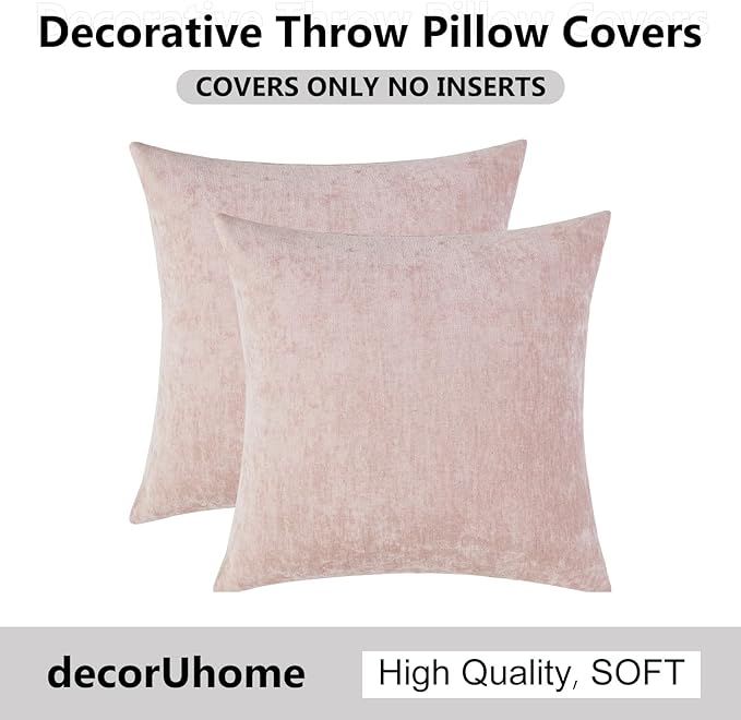 decorUhome Chenille Blush Pink Throw Pillow Covers 20x20 Inch Set of 2, Decorative Soft Couch Pillow Covers Solid Dyed Accent Velvet Farmhouse Neutral Square Pillow Cases for Sofa Bed Living Room