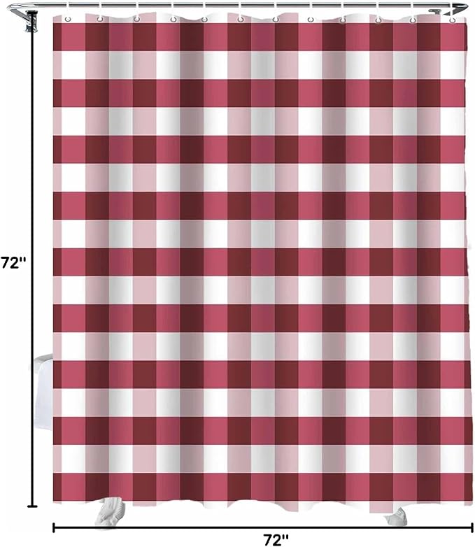 Christmas Shower Curtain, Rustic Burgundy White Buffalo Check Plaid Pattern Shower Curtains Set with Hooks, Farmhouse Waterproof Fabric Bathroom Curtains Decor Home Accessories,72 X 72 Inch Long