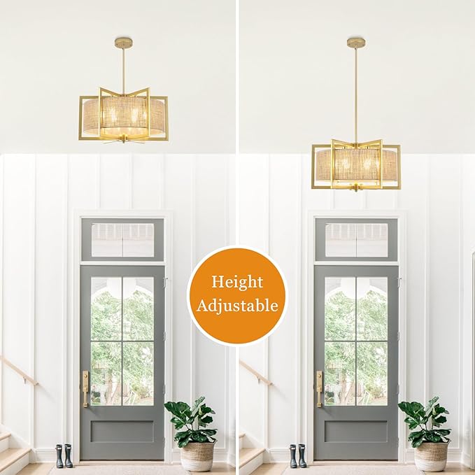 ALISADABOY Sprayed Gold Chandelier for Dining Room 21.25’’ Modern Farmhouse Geometric Drum Chandelier Industrial 6 Light Pendant Light Fixtures for Kitchen Island Entryway Foyer Hallway