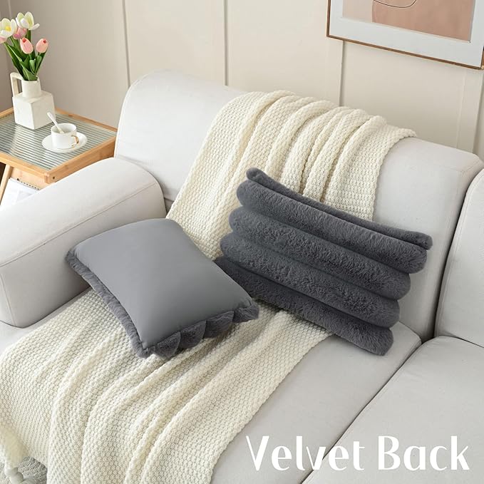 FUTEI Dark Grey Decorative Throw Pillow Covers 12x20 Inch Set of 2, Square Soft Faux Rabbit Fur Big Striped Cushion Cover,Home Decor for Couch Sofa Bed Living Room