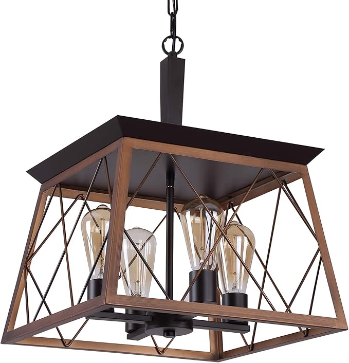 Q&S Farmhouse Rustic Chandeliers,Antique Geometric Industrial Hanging Light Bronze 4 Lights for Dining Room Kitchen Island Entryway Foyer Restaurant UL Listed