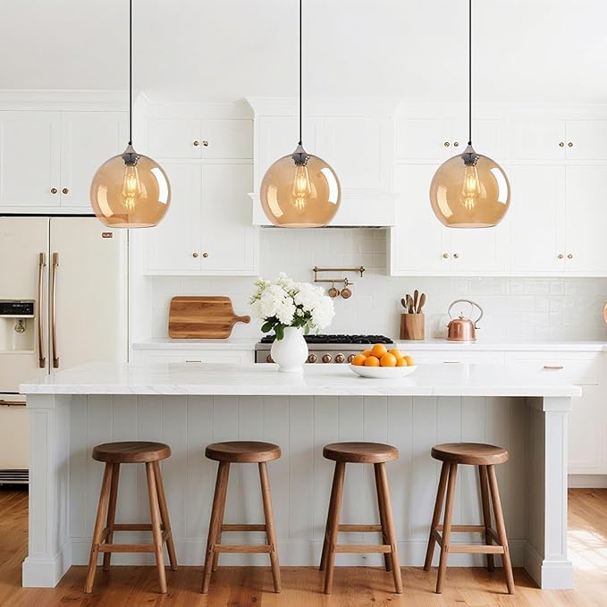 Amber Glass Pendant Lights Kitchen Island Globe Pendant Light Fixtures Modern Pendant Lighting for Bedroom Living Dining Room Light Fixture (9.84 in, 2 Pack)