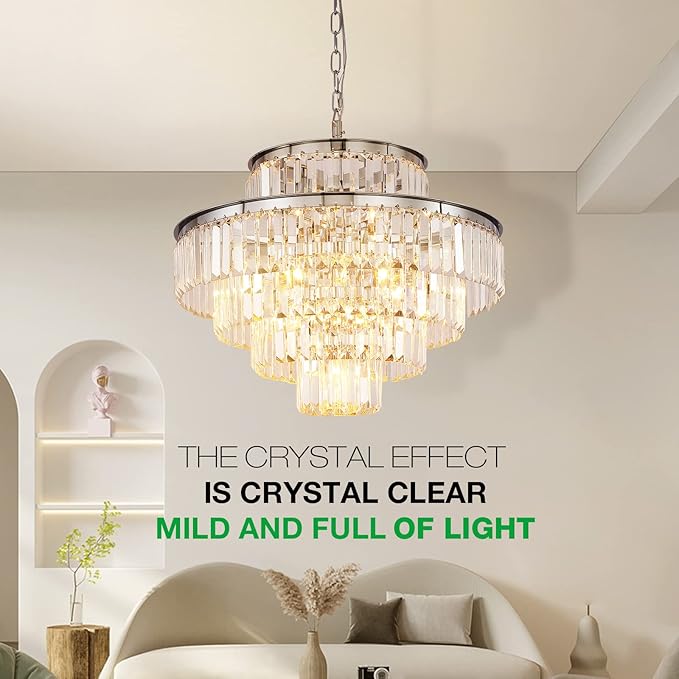 Chrome Modern Style Crystal Chandeliers & LightsRound Hanging Classic, Pendant Ceiling Chandelier Lighting Fixture 5-Tier for Dining Room Living Room(Chrome,24 inch)