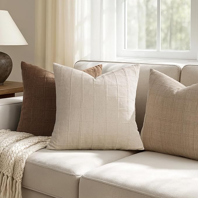 Woaboy Linen Check Throw Pillow Covers Set of 2 - Light Brown Farmhouse Modern Boho Vintage Decorative Cushion Covers for Sofa Couch Bedroom Living Room Decor 20x20 Inch