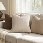 Woaboy Linen Check Throw Pillow Covers Set of 2 - Light Brown Farmhouse Modern Boho Vintage Decorative Cushion Covers for Sofa Couch Bedroom Living Room Decor 18x18 Inch