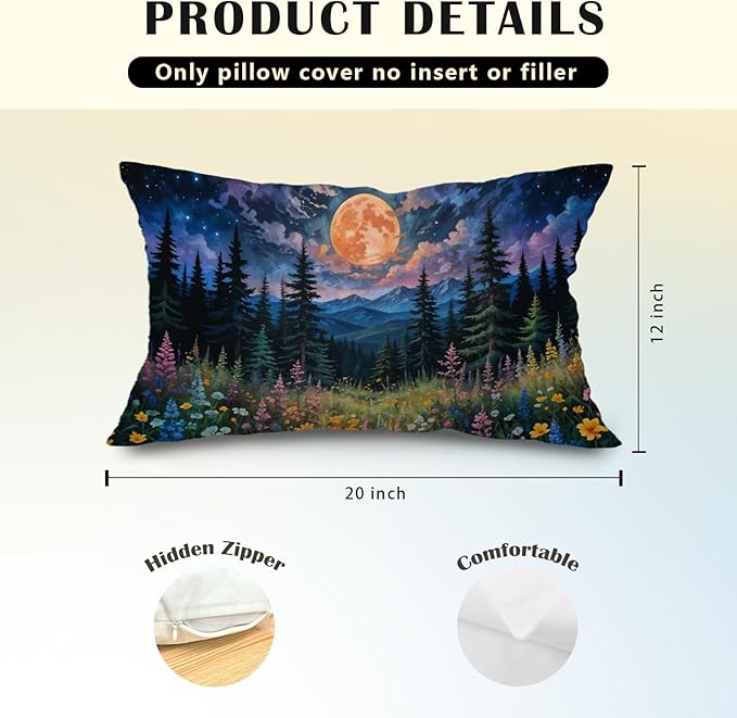 JINYO Boho Floral Moonlit Forest Mountain Pillow Covers 12x20 inch, Watercolor Full Moon Night Nature Scenery Decorative Pillow Covers for Home Bedroom Living Room Office Decor