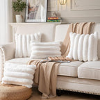 Faux Fur Plush Throw Pillow Covers 12x20 Inch Set of 2 - Luxury Decorative Fuzzy Striped Soft Cozy Pillowcase for Couch, Sofa, Living Room - Cream White